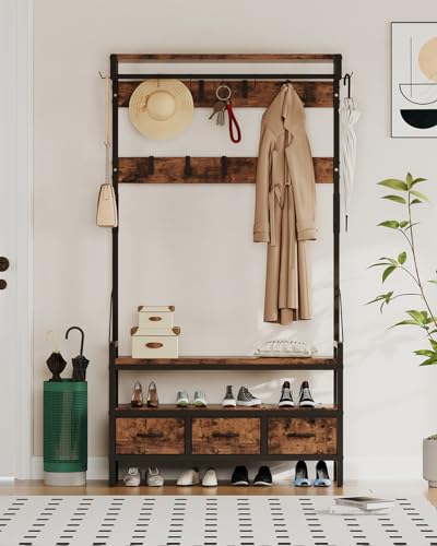 Hall Tree with Bench & Shoe Storage - 16 Hooks, 3 Drawers, Entryway Organizer