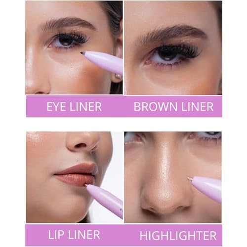 YazzBeauty - 4 in 1 Makeup Touch Up Pen with Brown Mauve Lip Liner, Black Eyeliner, Dark Brown Eyebrow Pencil, and Champagne Gold Highlighter, Compact Beauty Pen, Smudge Proof, Vegan, Cruelty-Free