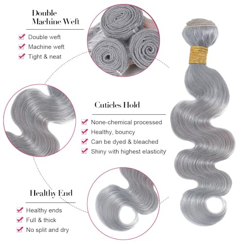 Fridnae Silver Grey Human Hair Bundles 16 18 20 Inch - Body Wave, 150g Variation