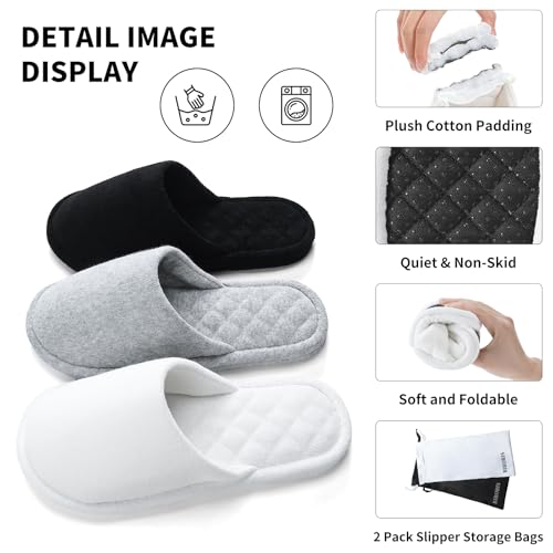 Biroris 3 Pairs Closed-Toe Cotton Terry Indoor Slippers for Women & Men, Black, Gray, White, Foldable & Washable, Travel & Guest Use