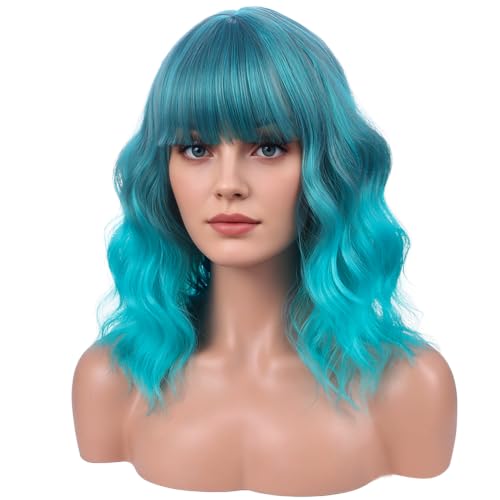 Women Short Curly Wavy Blue Ombre Wig - Mixed Blue, 13 Inch, Adjustable Cap