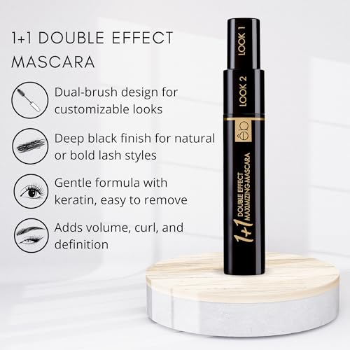Double Effect Mascara for Women - 2 in 1 Volumizing, Lengthening & Curling, Long Lasting with Keratin, Intense Black