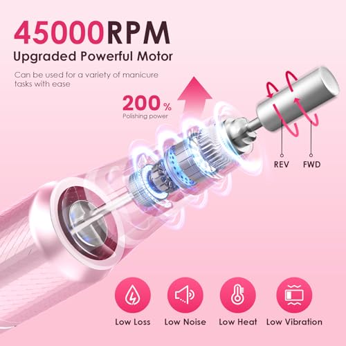 Pink Professional Electric Nail Drill 45000RPM Cordless Nail File for Manicure