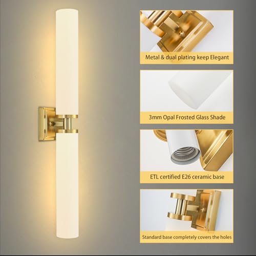 Gold Wall Sconces Set of Two - 22 Inch Modern Vanity Lights with Frosted Glass Shades