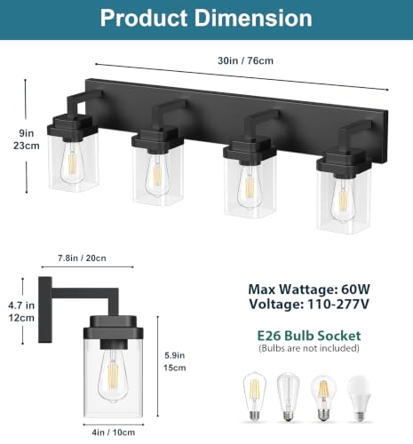 Matte Black Bathroom Light Fixtures - 4-Light Modern Vanity with Clear Glass Shades - Black / 4-Light
