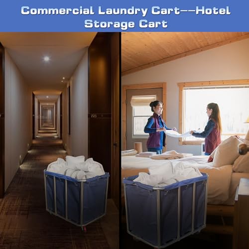 Blue Commercial Laundry Cart with Wheels 470L Steel Frame & Waterproof Bag