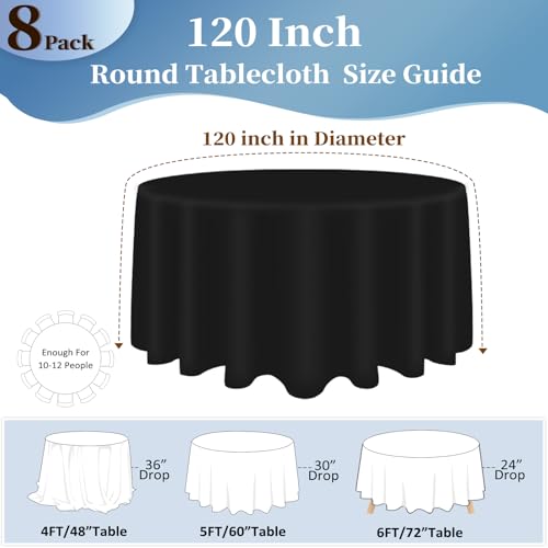 Black Round Tablecloth 120 Inch for 48-96 Inch Tables - 8 Pack, Reusable