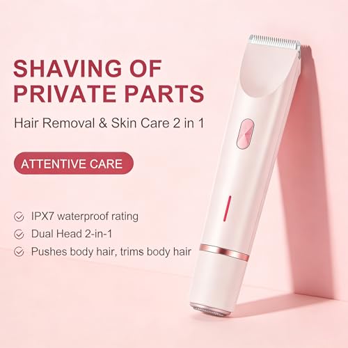 Bikini Trimmer for Women, 2 in 1 Electric Razors, Wet Dry Use, IPX7 Waterproof Rechargeable Bikini Shaver with Ceramic Cutting Head, 120 Min Cordless Runtime, Pink