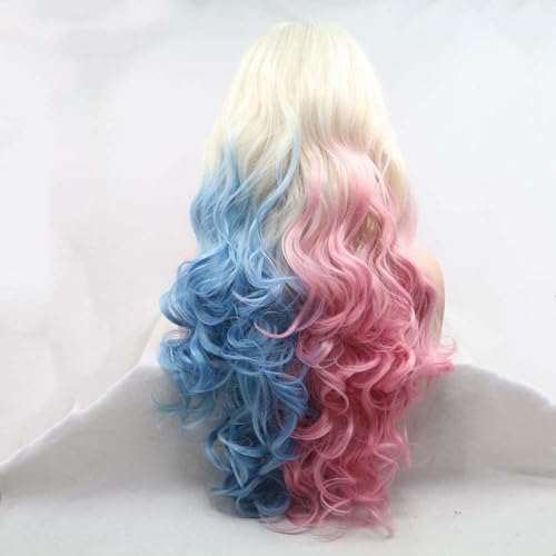 Xiweiya 24in Long Wavy Lace Front Wig for Women - Platinum Blue Pink Ombre Synthetic Hair, Heat Resistant, Cosplay Halloween