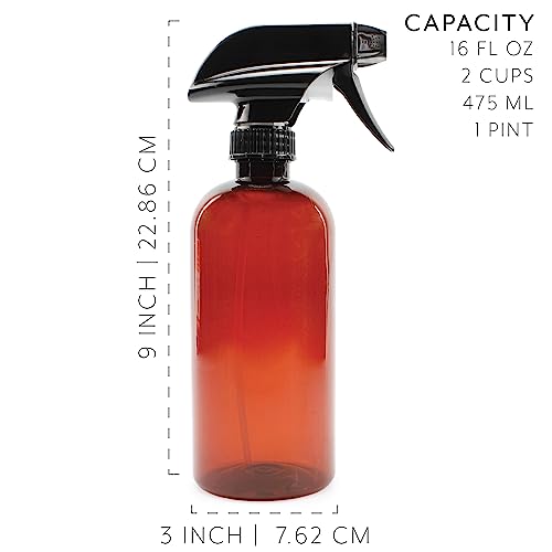 16oz Amber Plastic Spray Bottles with Heavy Duty Mist & Stream Sprayers - Pack of 6 - Chalkboard Labels Included