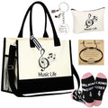 6 Pcs Music Theme Gifts for Women Canvas Tote Bag Cosmetic Pouch Crew Socks Bracelet Cards Keychains Musical Lovers Gifts Musicial Students Teachers Musicians Favors for Birthday