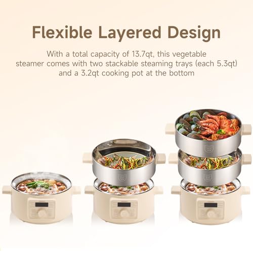 Electric Food Steamer with 2 Tiers, 13.7 Qt Large Capacity, Multi-Functional Kitchen Appliance