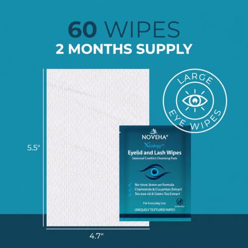NOVEHA Eyelid Cleansing Wipes 60 Pack - Gentle Hypoallergenic Eye & Lash Cleanser