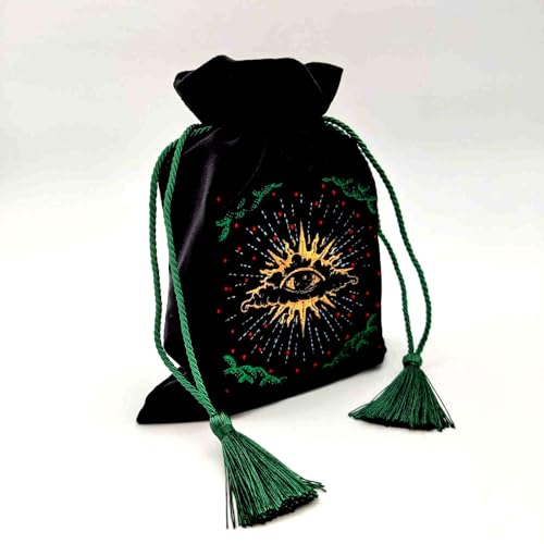 Black Velvet Pouch for Tarot Decks, Oracle Cards and Crystals, Embroidered Mystical Makeup Bag, Soft Velvet Cosmetic Pouch, Travel Organizer Storage Bag with Tassel