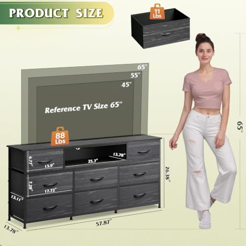 Charcoal Black Wood Grain TV Stand with 8 Drawers and LED Lighting for 65 Inch TV