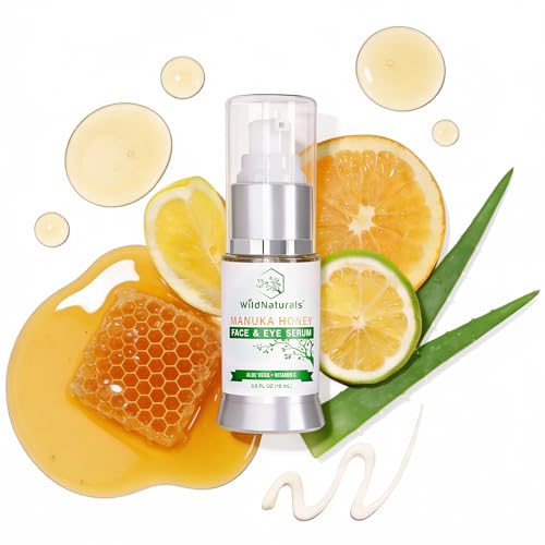 Wild Naturals Manuka Honey Face & Eye Serum with Vitamin C & Hyaluronic Acid - Anti-Aging, Dark Circles, Fine Lines, Made in USA - 0.5 Fl Oz