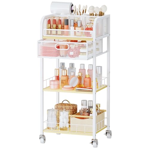HapiRm Makeup Organizer Storage Cart - 4 Tier Skincare Make Up Storage with Drawer, Rolling Makeup Cart Vanity Organizer Cosmetics Display Cases Holder for Skin Care Perfume Nail Polish Brush