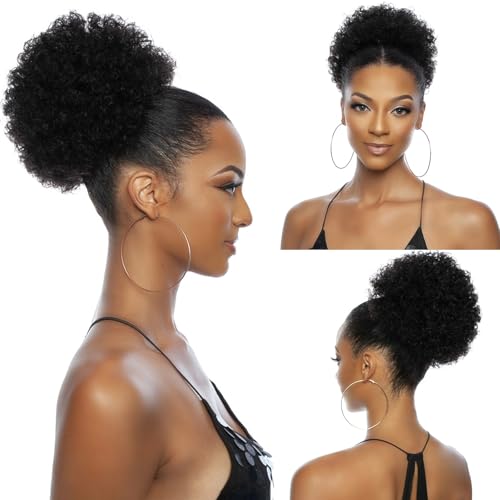 8 Inch Afro Puff Ponytail Extensions Human Hair Natural Black Clip-On Curly Bun