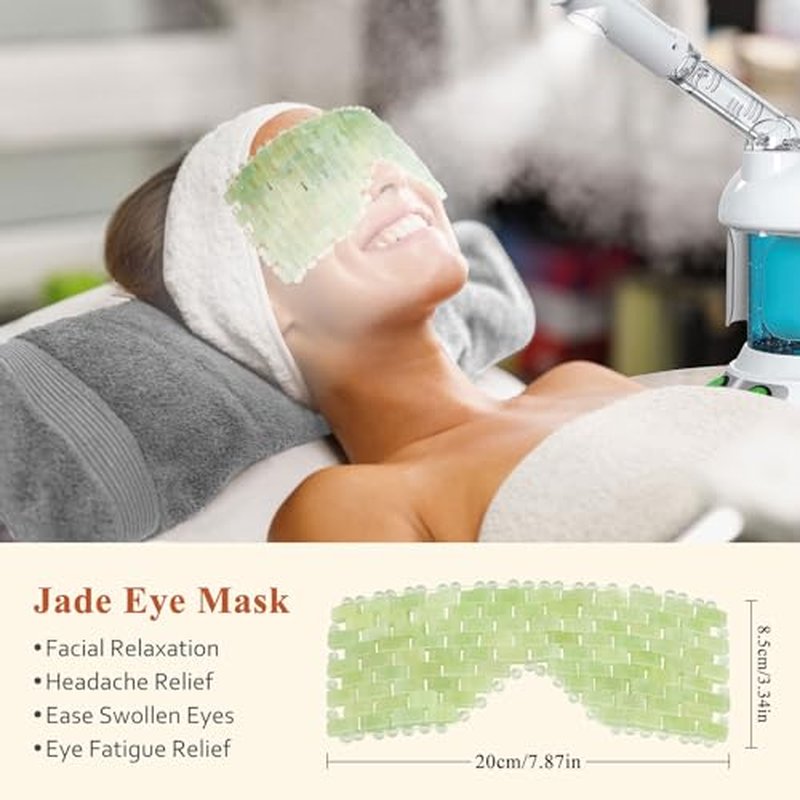 2Pcs Jade Eye Mask & 5 Pieces Facial Fan Mask Brush, Jade Facial Cooling Mask and Brushes Tools Kit for Mud Cream Home Spa/Travel - Relieve Puffiness, Anti-Aging Beauty Supplies