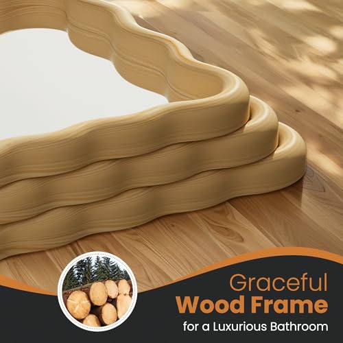 TRAHOME Natural 36" x 24" Wavy Wood Bathroom Vanity Mirror - Boho Wall Decor