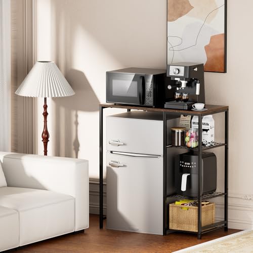 Mini Fridge Stand with Storage Shelves - Black & Rustic Brown 3-Tier Microwave Rack for Dorm Apartment Kitchen Office