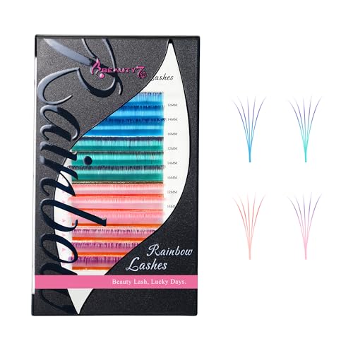 Beauty7 Colored Lash Ombre Lash Extensions Rainbow Lashes Easy Fan Lashes Self Fanning D Curl 0.07mm Thickness 12mm 14mm 16mm Mixed Length Dramatic Eyelashes