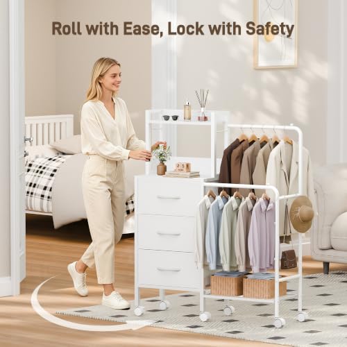 White Dresser with Double Hanging Racks, Wheels & Fabric Drawers - Bedroom Storage