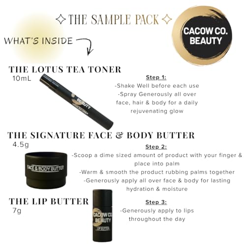 The Sample Pack - Travel Size of our 3 Signature Products - The Lip Butter, The Face & Body Butter, The Lotus Tea Toner