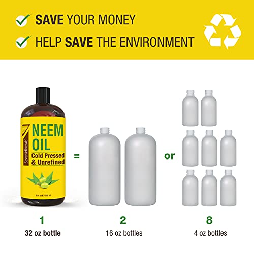 Pure Neem Oil for Skin Hair Plants - Cold Pressed Non-GMO 32oz Bottle
