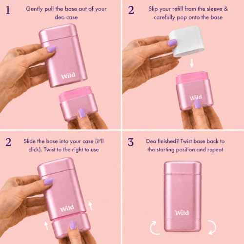 Wild Aluminum Free Natural Deodorant Starter Kit - Pink Refillable Case & 24H Odor Protection - Fresh Cotton & Sea Salt Scent
