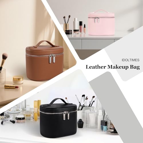 Cosmetic Case Leather Makeup Bag Portable Handheld with Removable Compartments Coffee M (8x5.5x6in)