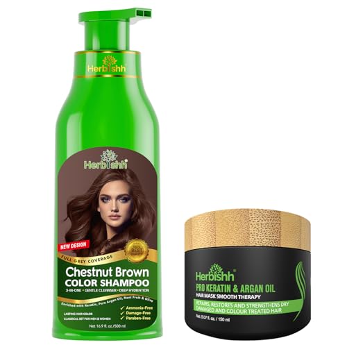 Herbishh Chestnut Brown Hair Color Shampoo & Argan Hair Mask Combo for Grey Hair - Vegan, Ammonia-Free