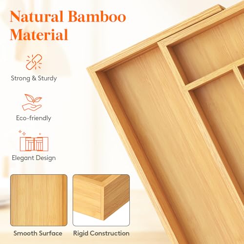 Lifewit Adjustable Silverware Drawer Organizer Tray | Bamboo Utensil Storage