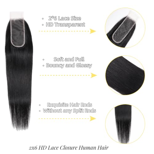 2x6 HD Lace Closure Straight Human Hair 16 Inch Natural Color - Brazilian Virgin