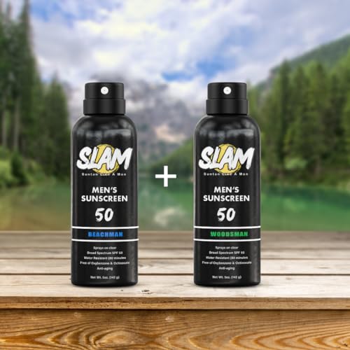 SLAM WoodsMan & BeachMan Bundle - Men's Scented Sunscreen, Sunscreen Spray, Water Resistant, Paraben Free, Broad Spectrum UVA/UVB (Large, 50, Sun Protection Factor (SPF))