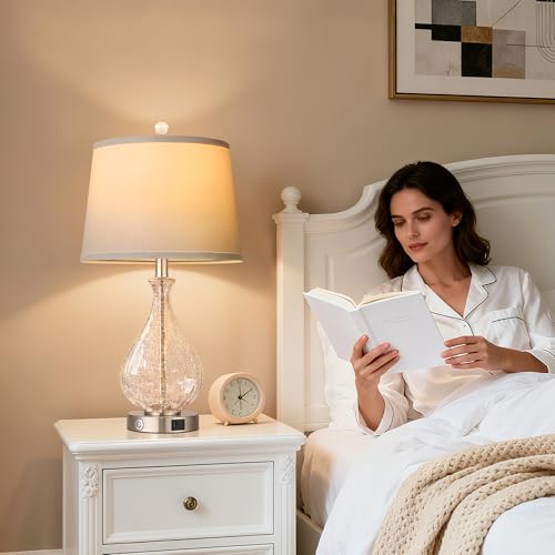 Set of 2 Bedside Lamps with Crackle Glass & Silver Finish - Touch Dimmable with USB Charging Ports