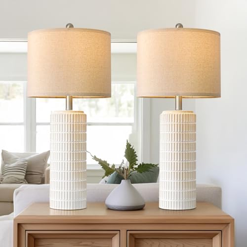 Tall Ceramic Table Lamps Set of 2 - White and Gold Modern Bedside Lamps for Living Room & Nightstand