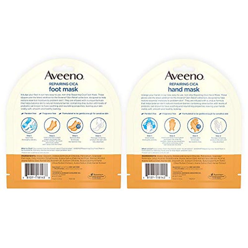 Aveeno Repairing CICA Foot Mask & Hand Mask with Prebiotic Oat and Shea Butter, for Extra Dry Skin, 1 ea