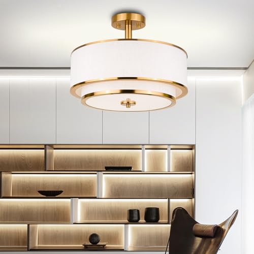 Edwarmlux Brushed Gold 3-Light Semi Flush Mount Ceiling Light with White Fabric Shade