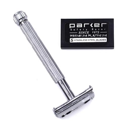 Parker 29L Chrome, Long Handle Butterfly Open Double Edge Safety Razor for Men & Women, 5 Parker Premium Platinum Double Edge Razor Blades Included