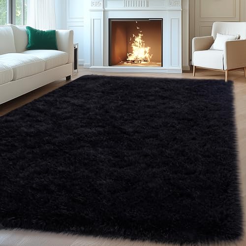 Black 8x10 Area Rug for Living Room - Fluffy Non-Slip Bedroom Carpet