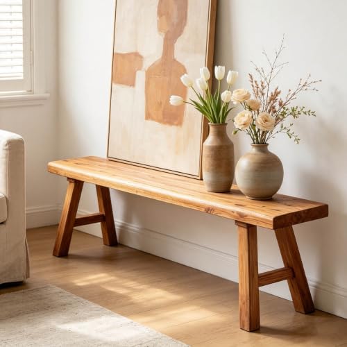 Farmhouse End of Bed Bench 20 Inch Natural Solid Wood Entryway Seat