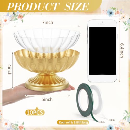 Bright Gold Metal Compote Vase Set - 10 Floral Centerpiece Bowls with Liners & Floral Tape