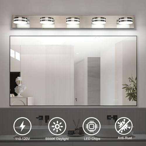 Bicrink 5-Light Dimmable Brushed Nickel Vanity Light Over Mirror, 40in, 350° Rotating Heads