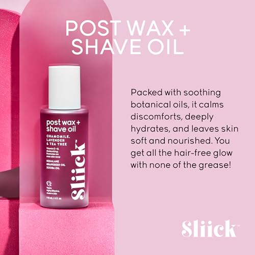 Sliick Post Wax + Shave Oil ? Soothing After Shave Oil with Chamomile, Lavender & Tea Tree for Razor Bumps, Ingrown Hair & Redness, After Waxing & Shaving Treatment, 4 fl oz