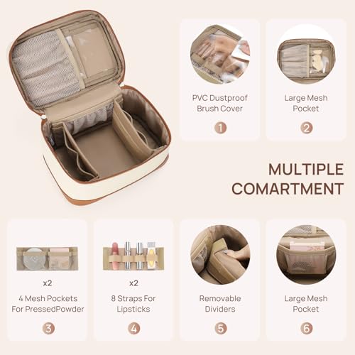Large Travel Makeup Bag for Women - Vegan Leather, Beige & Brown