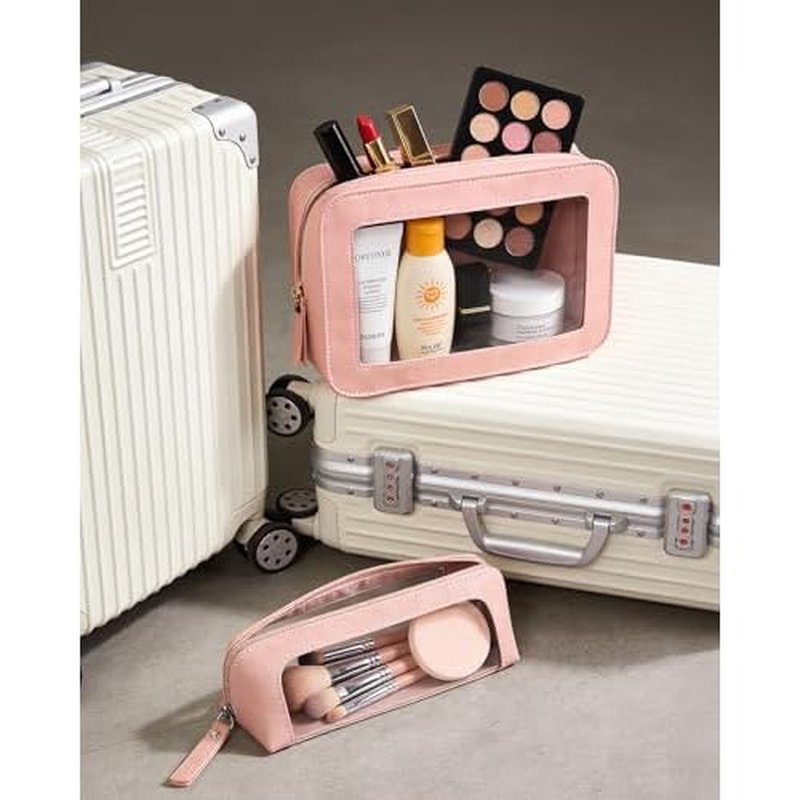 LETGO 2Pack Clear Makeup Bags Set, Small Clear Makeup Bag, PU Leather Travel Makeup Brush Case Portable Transparent Waterproof Cosmetic Organizer Pouch with Zipper for Women(2Pack-White Set)