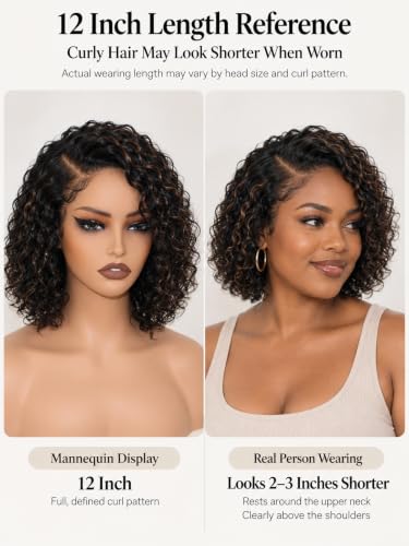 Deep Curly Human Hair Wig with Side Part Lace Closure - 12 Inch Ombre Black & Brown 1B/30