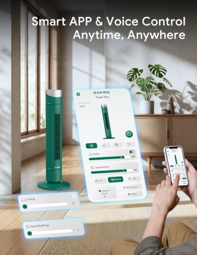 Green 36-Inch Tower Fan with Remote, App Control & Upgraded DC Motor