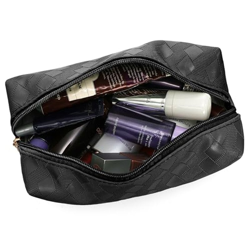 Hedume Set of 4 Makeup Bags, Black Leather Portable Travel Cosmetic Bag, Waterproof Cosmetic Bag Set, Multifunction Organizer Storage Bag for Makeup, Toiletries, Brushes and Accessories